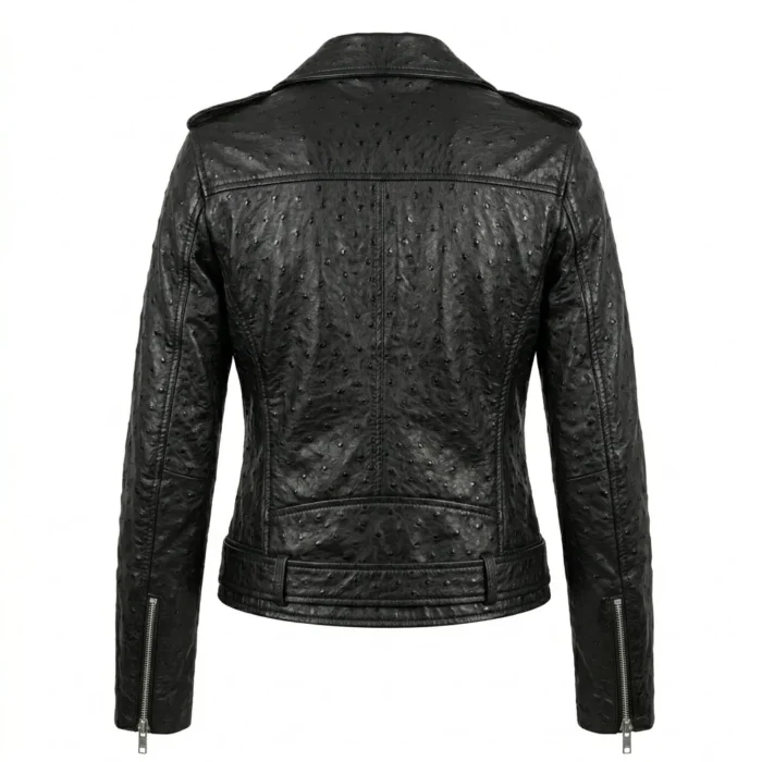Performance Wear Women's Black Ostrich Embossed Leather Jacket Blackstone Jackets Back View