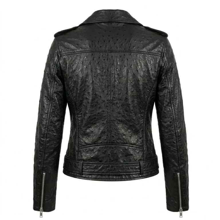 Performance Wear Women's Black Ostrich Embossed Leather Jacket Blackstone Jackets Back View