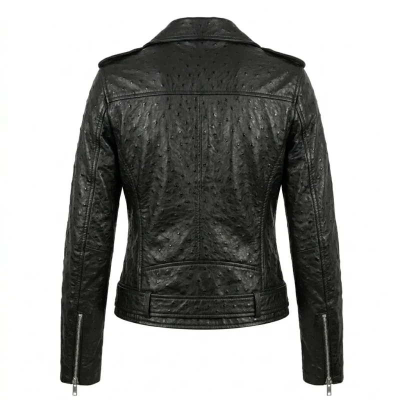 Performance Wear Women's Black Ostrich Embossed Leather Jacket Blackstone Jackets Back View
