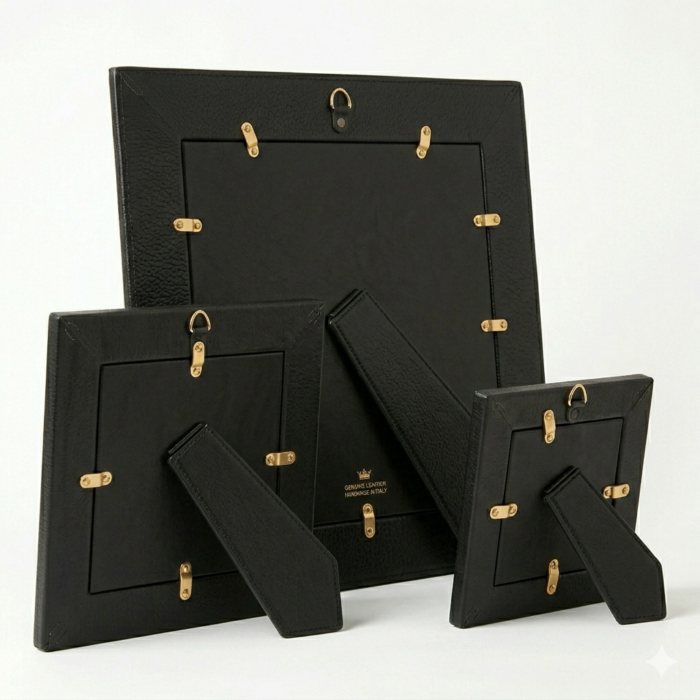 Premium Black Genuine Cowhide Leather Set Of Three Picture Frames
