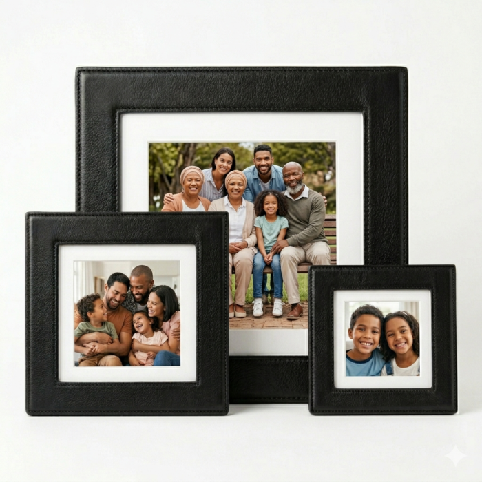 Premium Black Genuine Cowhide Leather Set Of Three Picture Frames