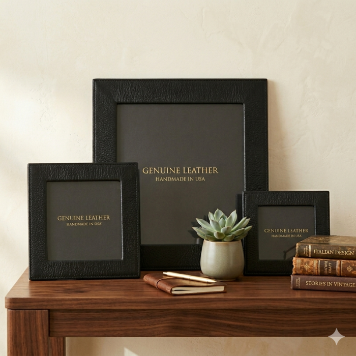 Premium Black Genuine Cowhide Leather Set Of Three Picture Frames