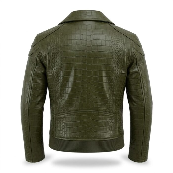 Premium Green Crocodile Embossed Mens Leather Jacket Blackstone Jackets Back View