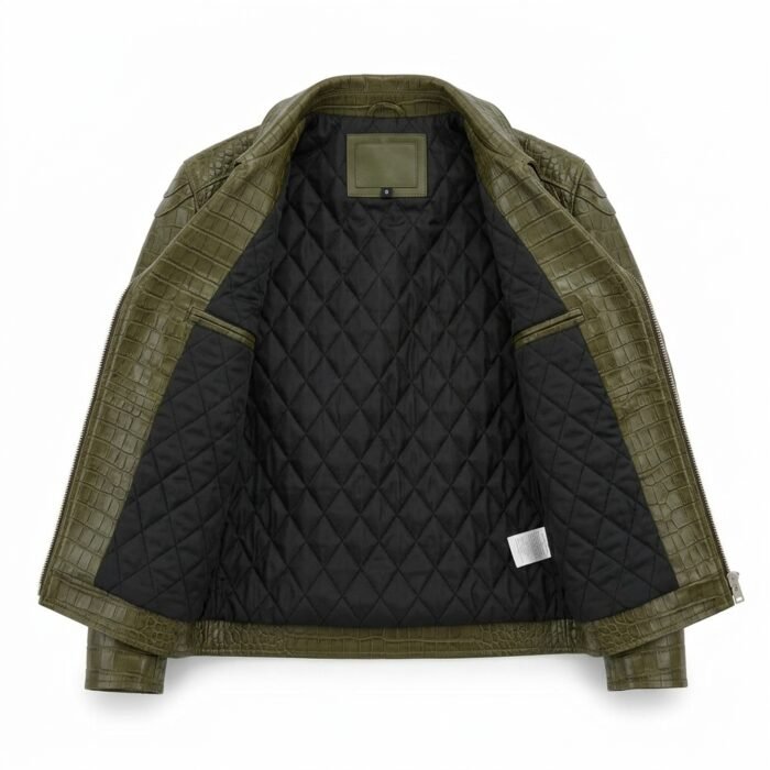 Premium Green Crocodile Embossed Mens Leather Jacket Blackstone Jackets Inner View