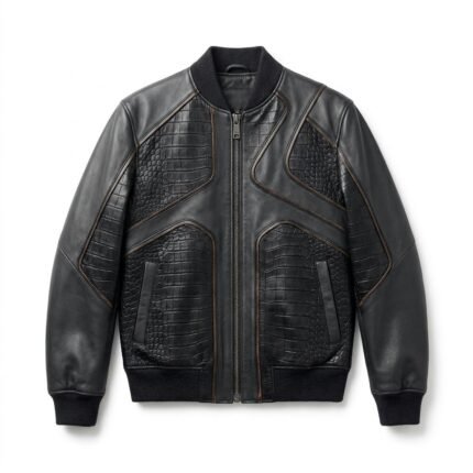 Premium Men's Black Crocodile Embossed Bomber Leather Jacket Blackstone Jackets