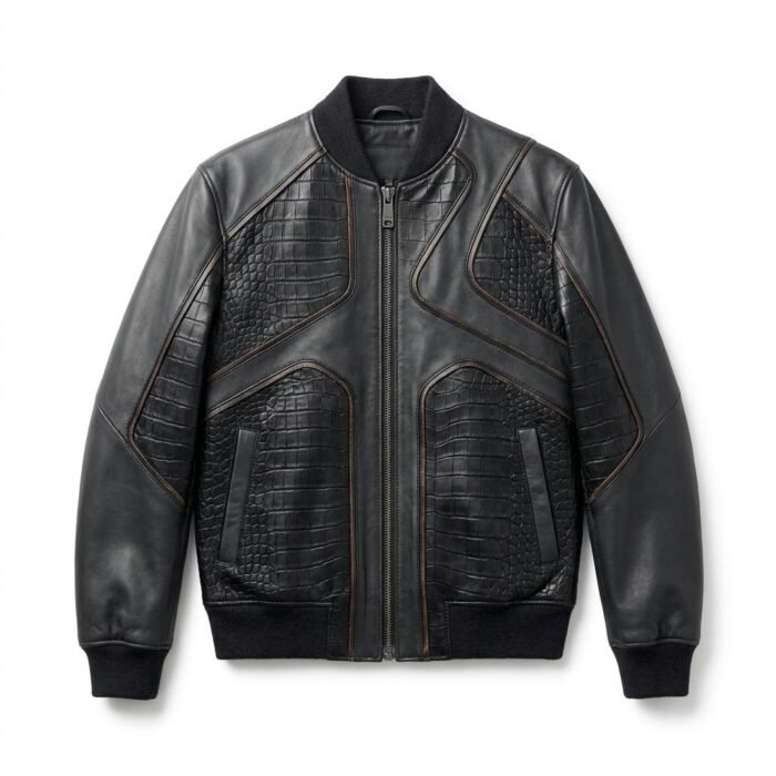 Premium Men's Black Crocodile Embossed Bomber Leather Jacket Blackstone Jackets