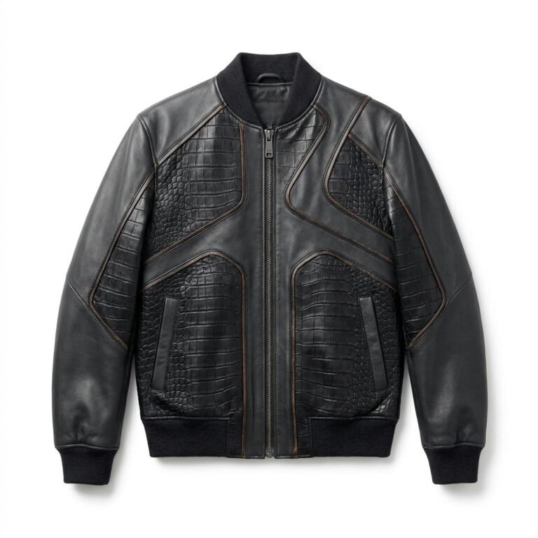 Premium Men's Black Crocodile Embossed Bomber Leather Jacket Blackstone Jackets