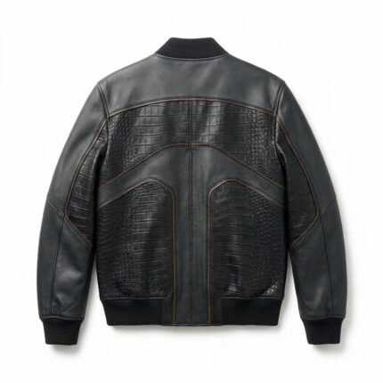 Premium Men's Black Crocodile Embossed Bomber Leather Jacket Blackstone Jackets Back View