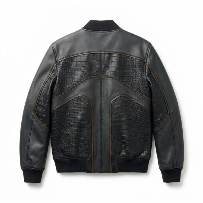 Premium Men's Black Crocodile Embossed Bomber Leather Jacket Blackstone Jackets Back View