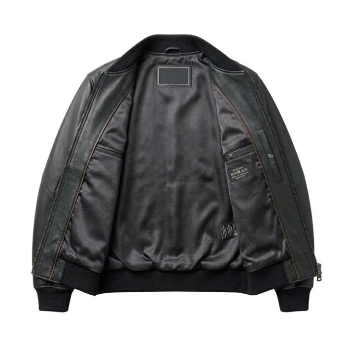 Premium Men's Black Crocodile Embossed Bomber Leather Jacket Blackstone Jackets Inner View
