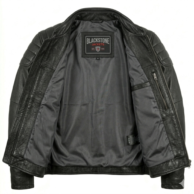 Premium Men's Black Genuine Leather Cafe Racer Jacket Blackstone Jackets Inner View