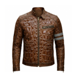 Premium Men's Brown Crocodile Embossed Leather Jacket Genuine Cowhide Biker Vintage Style Blackstone Jacket