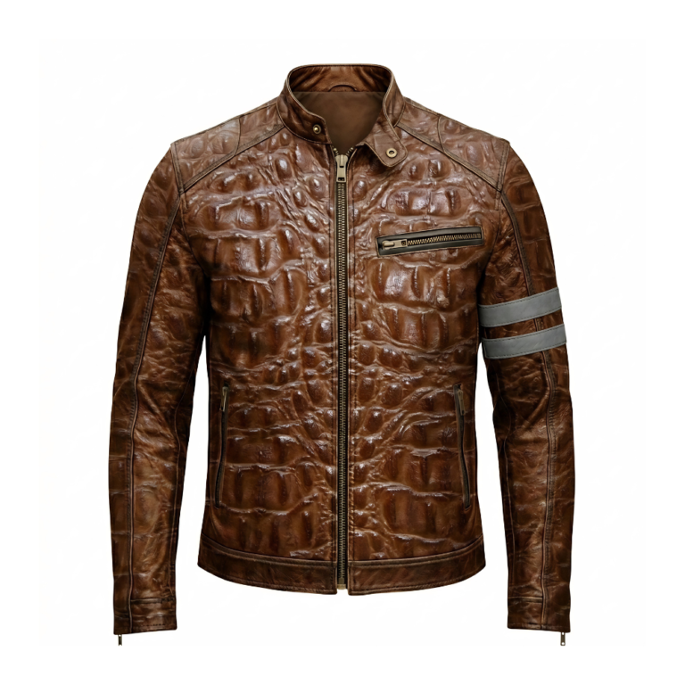 Premium Men's Brown Crocodile Embossed Leather Jacket Genuine Cowhide Biker Vintage Style Blackstone Jacket