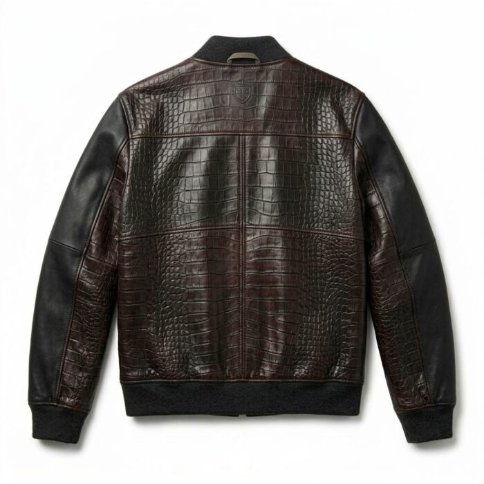 Premium Men's Brown Crocodile Embossed Real Leather Jacket Blackstone Jackets Back View