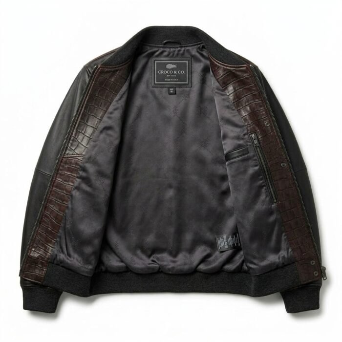 Premium Men's Brown Crocodile Embossed Real Leather Jacket Blackstone Jackets Inner View