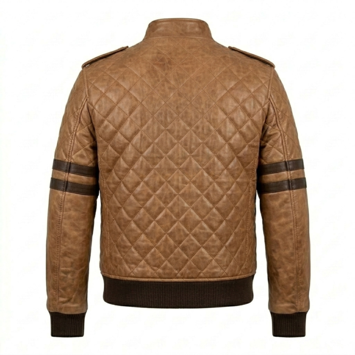 Premium Men's Brown Quilted Varsity Leather Jacket Blackstone Jackets Back View