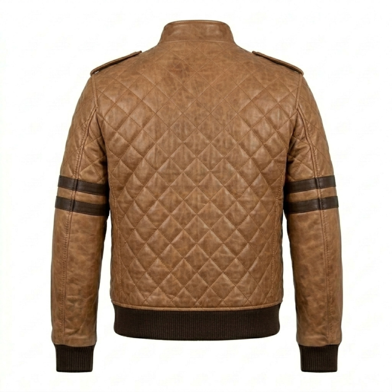 Premium Men's Brown Quilted Varsity Leather Jacket Blackstone Jackets Back View