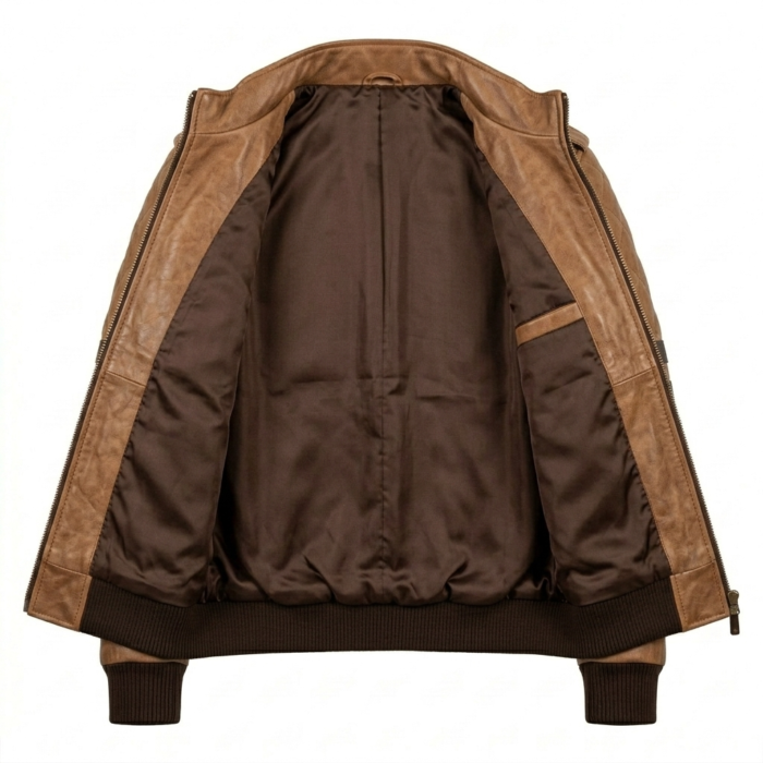 Premium Men's Brown Quilted Varsity Leather Jacket Blackstone Jackets Inner View