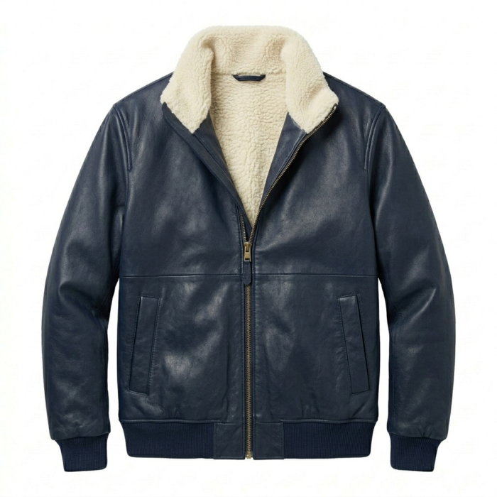 Premium Men's Navy Sherpa Leather Jacket Blackstone Jackets