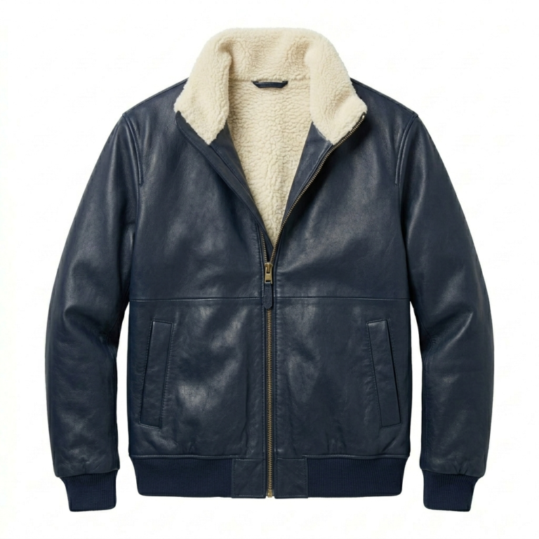 Premium Men's Navy Sherpa Leather Jacket Blackstone Jackets