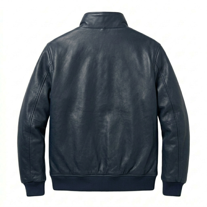 Premium Men's Navy Sherpa Leather Jacket Blackstone Jackets Back View