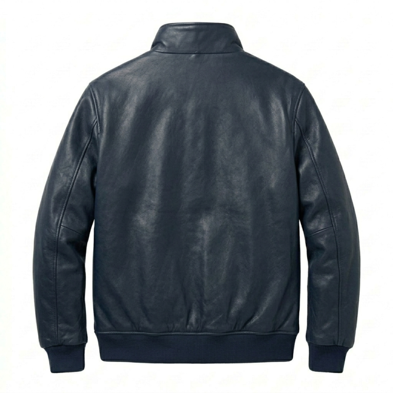 Premium Men's Navy Sherpa Leather Jacket Blackstone Jackets Back View