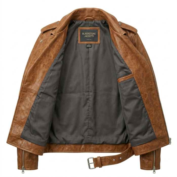Premium Men's Tan Genuine Leather Double Rider Jacket Blackstone Jackets Inner View
