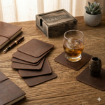 Premium Stitched Rustic Brown Pack of 7 Square Leather Coasters | Blackstone Jackets