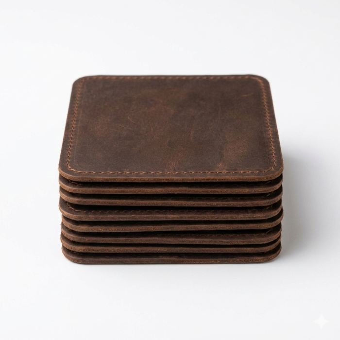 Premium Stitched Rustic Brown Pack of 7 Square Leather Coasters | Blackstone Jackets