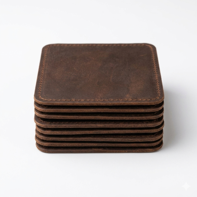 Premium Stitched Rustic Brown Pack of 7 Square Leather Coasters | Blackstone Jackets