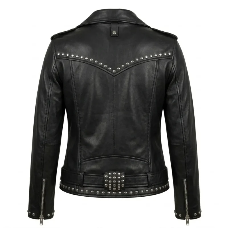 Prestige Women's Black Studded Leather Jacket Blackstone Jackets Back View