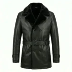 Refined Men's Black Leather Belted Fur Collar Coat Sale front Blackstone Jackets