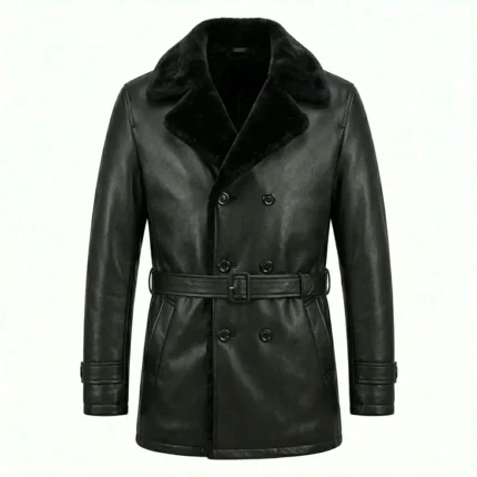 Refined Men's Black Leather Belted Fur Collar Coat Sale front Blackstone Jackets