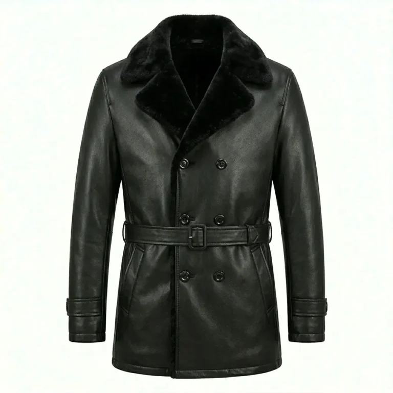 Refined Men's Black Leather Belted Fur Collar Coat Sale front Blackstone Jackets