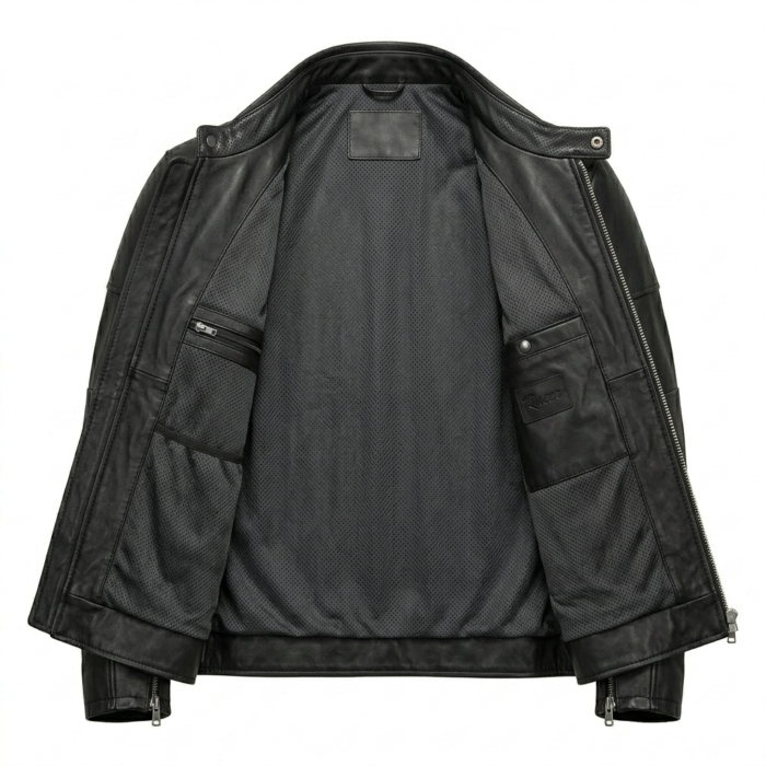 Refined Men's Black Leather Racer Jacket Blackstone Jackets Inner View