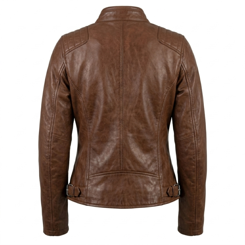 Refined Women's Brown Leather Café Racer Jacket Blackstone Jackets Back View