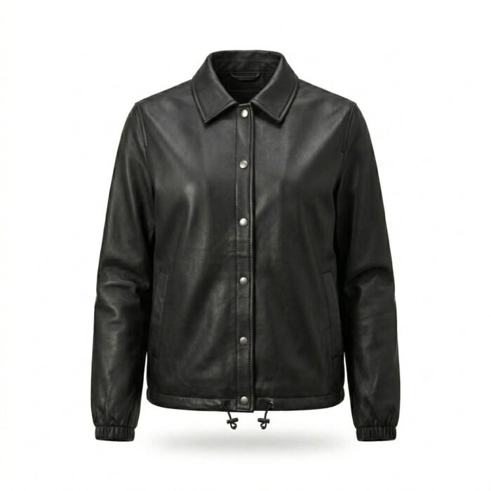 Streetwear Smooth Black Genuine Leather Coach Jacket for Women | Blackstone Jackets - Image 1