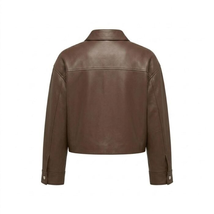 Minimalist Brown Genuine Leather Cropped Jacket for Women | Blackstone Jackets - Image 3