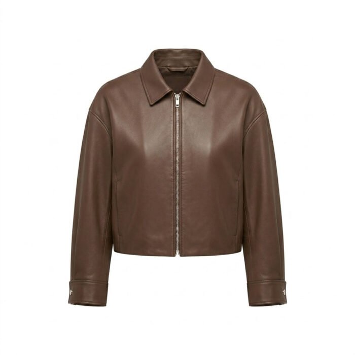 cropped jacket fron Minimalist Brown Genuine Leather Cropped Jacket for Women | Blackstone Jackets - Image 1