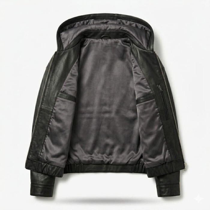 Sleek Black Genuine Leather Hooded Jacket for Women | Blackstone Jackets - Image 2