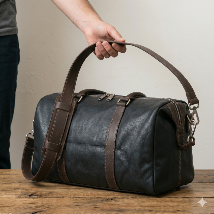Premium Black Textured Leather Gym Bag | Blackstone Jackets - Image 5