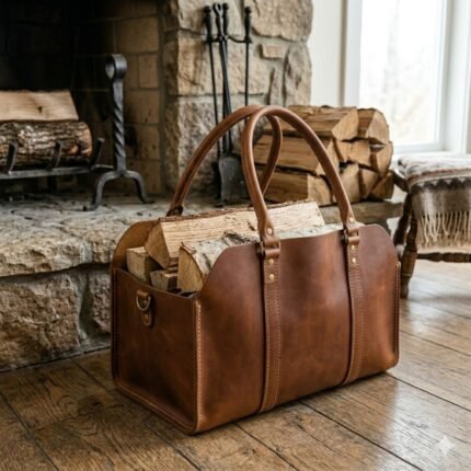 Premium Brown Genuine Leather Log Carriers Decorative Firewood Holder | Blackstone Jackets