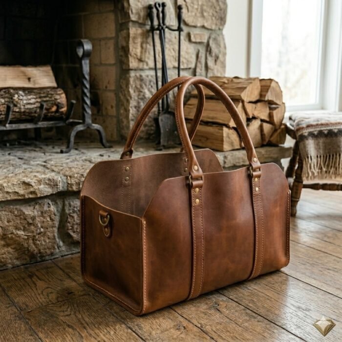 Premium Brown Genuine Leather Log Carriers Decorative Firewood Holder | Blackstone Jackets - Image 2