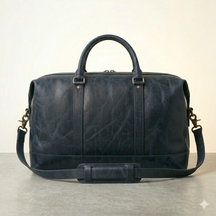Premium Blue Genuine Leather Weekender Bag | Blackstone Jackets - Image 4