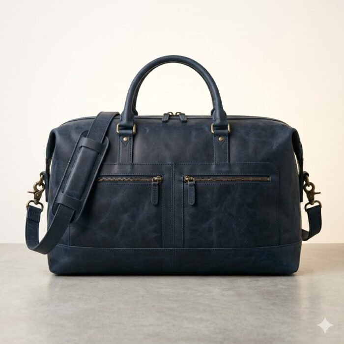 Premium Blue Genuine Leather Weekender Bag | Blackstone Jackets - Image 2