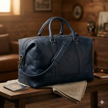Premium Blue Genuine Leather Weekender Bag | Blackstone Jackets