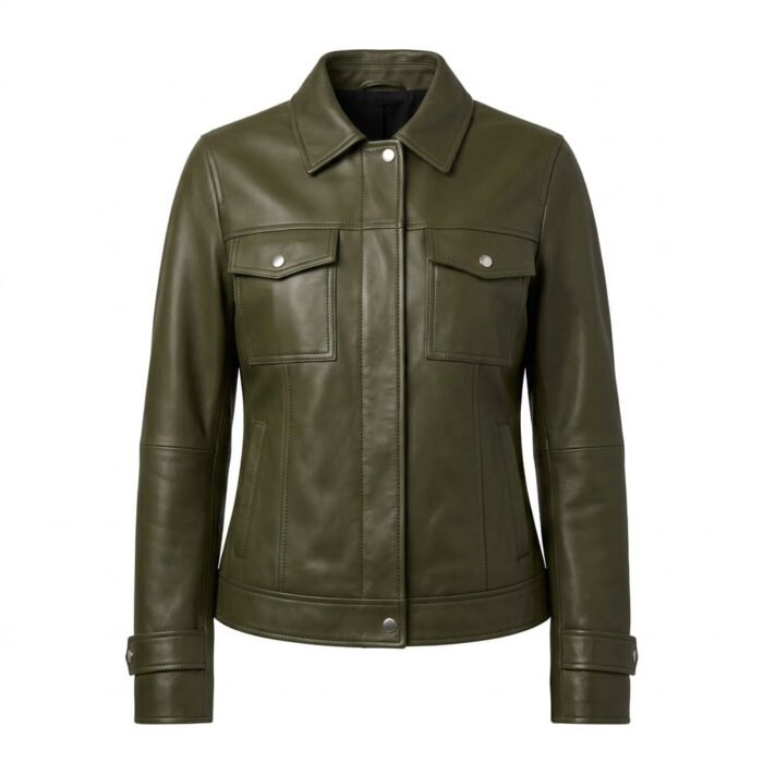 military jacket for women front Structured Utility Olive Green Leather Military Jacket for Women | Blackstone Jackets - Image 1