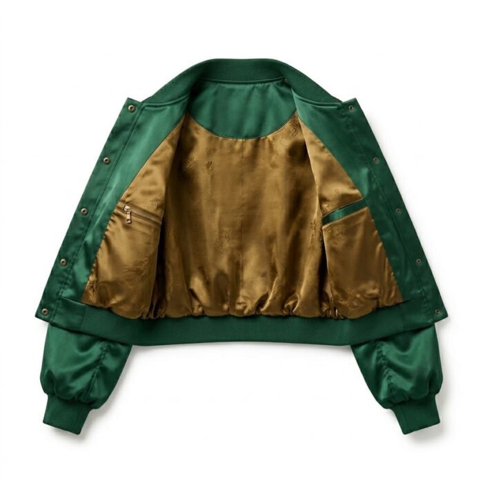 Premium Green Silk Satin Jacket For Women Bomber Style | Blackstone Jackets - Image 3