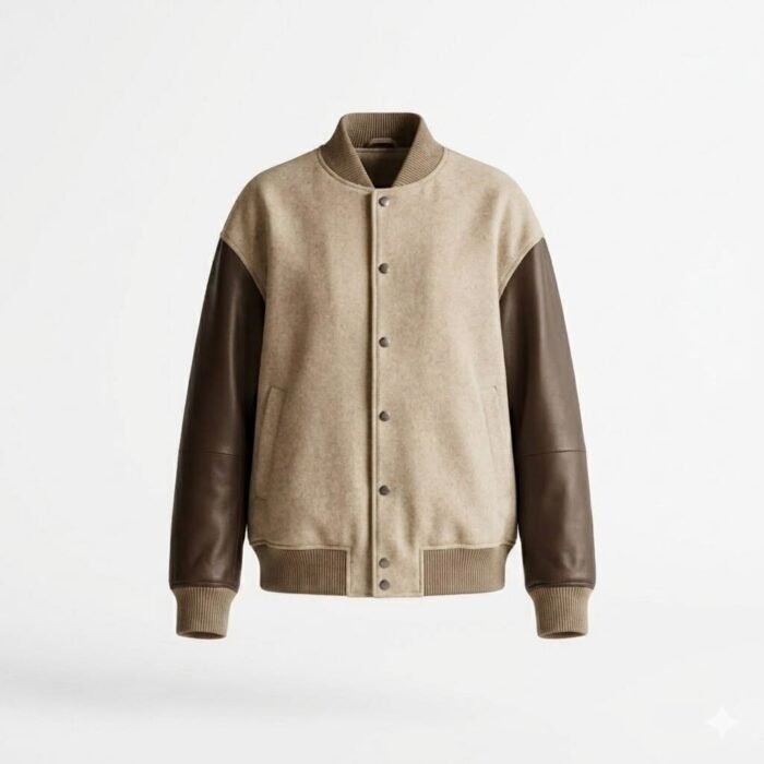 Premium Beige Cream Genuine Leather Women's Varsity Jacket | Blackstone Jackets - Image 1