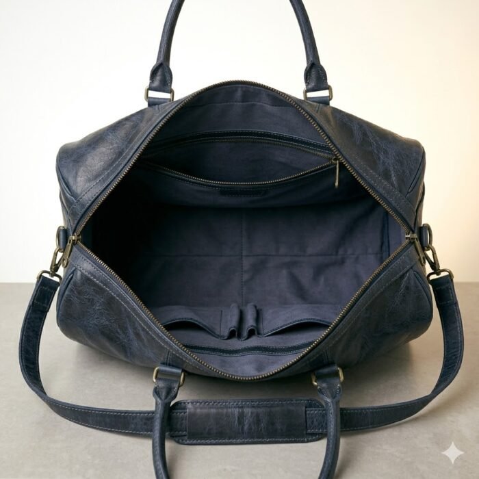 Premium Blue Genuine Leather Weekender Bag | Blackstone Jackets - Image 5